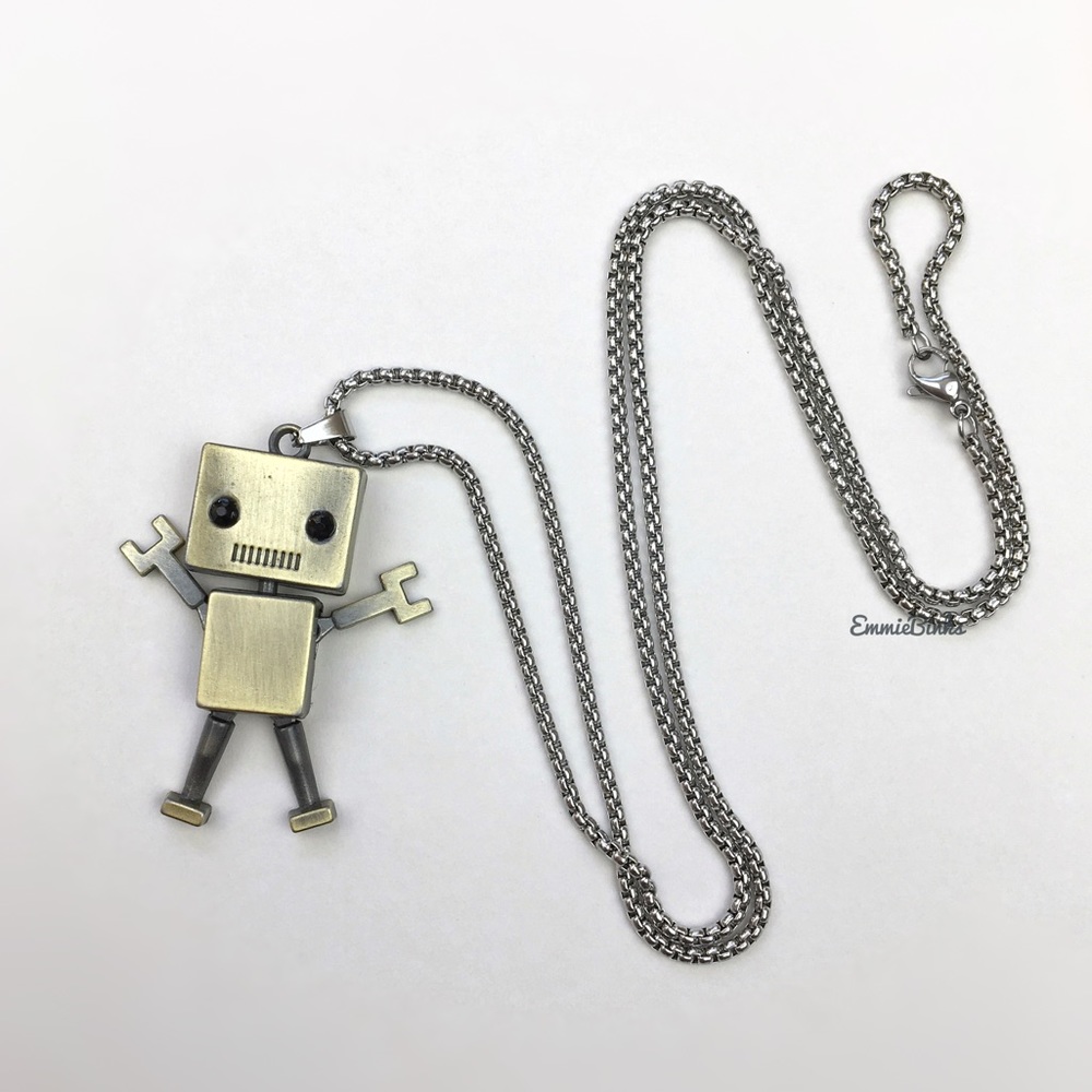 New Metal Robot 2 Sided Smaller Version Pendant Necklace, Stainless Steel - Picture 5 of 16